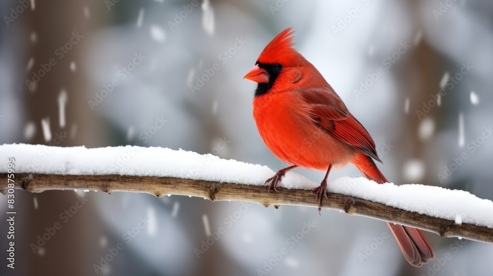 Majestic Red Cardinal Perched on Snow-Covered Branch in Winter Forest Majestic Red Cardinal Perched on Snow-Covered Branch in Winter Forest