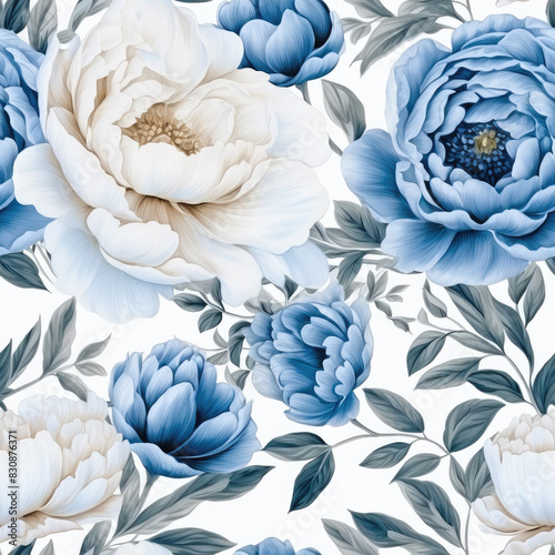 Blue Floral Peony Pattern Background.