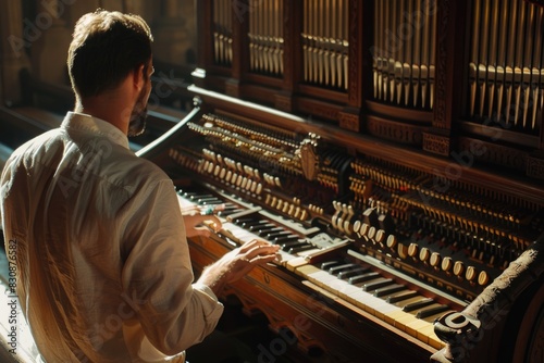 A man in a white shirt playing a pipe organ. Suitable for music or religious themes photo
