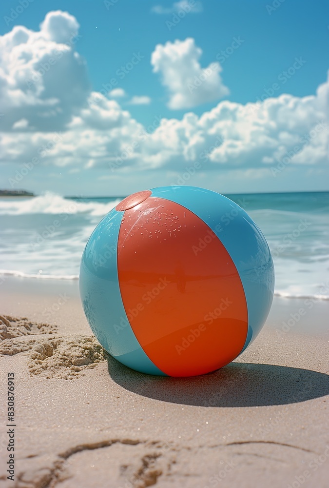 Colorful beach ball lying on the white sand of an empty tropical sandy shore with gentle waves lapping at its edge under a bright blue sky. Colorful beach ball lying on the white sand of an empty tropical sandy shore with gentle waves lapping at its edge under a bright blue sky.