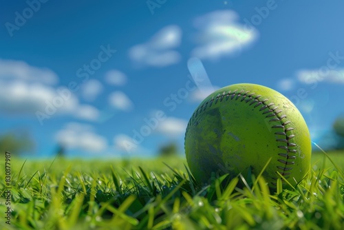 A yellow softball on a lush green field, perfect for sports and outdoor activities