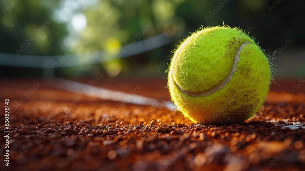 A close-up of a tennis ball on a red clay tennis court surface. The focus is on the texture and color contrast between the bright yellow-green of the tennis ball, generated with AI