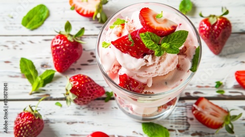 A close-up image of a glass of strawberry ice cream  topped with fresh strawberries and mint leaves  set against a white wooden background. Capture the rich texture of the ice cream  generated with AI