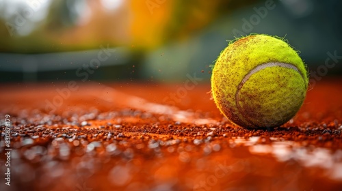 A close-up of a tennis ball on a red clay tennis court surface. The focus is on the texture and color contrast between the bright yellow-green of the tennis ball, generated with AI © sch_ai