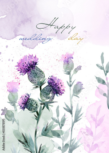 A wedding card with flowers and thistle branches. Pink wildflowers painted in watercolor for a wedding. A frame made of thistles, summer flowers for a holiday