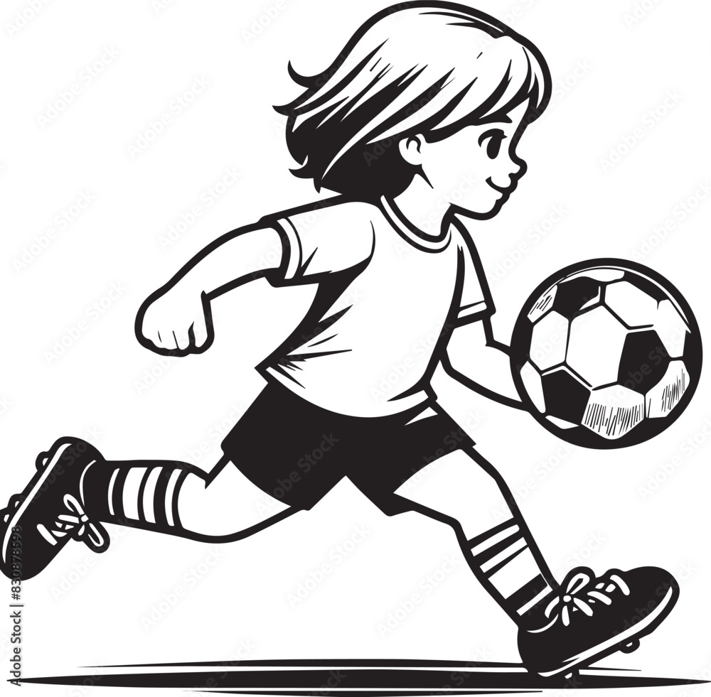 Kid Playing Football Vector Illustration Silhouette. Football Player Soccer Boy Game Competition