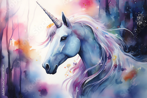 Capture a close-up of a majestic, shimmering unicorn in a dreamy watercolor style, featuring a mystical aura