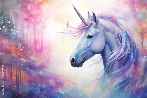 Mystical white unicorn with a flowing mane against a colorful watercolor background.