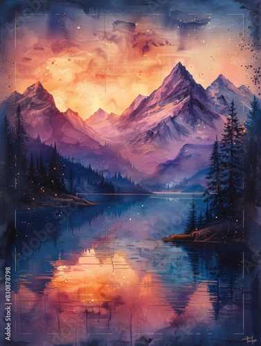 A kawaii style painting of Mountains,in the style of anime magical character, iridescent colors. The background is a vibrant mix of pinks, blues, and yellows, generated with AI