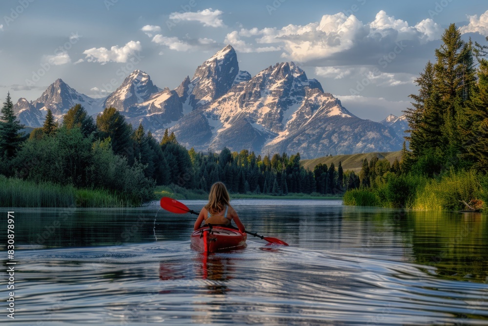 A woman in a red kayak paddling down a river. Suitable for outdoor adventure concepts A woman in a red kayak paddling down a river. Suitable for outdoor adventure concepts