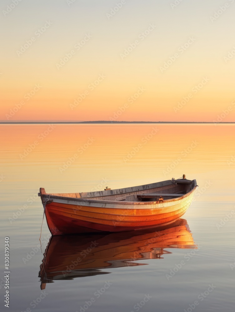 A serene seascape at sunrise, capturing the soft, golden glow of early morning light over calm waters. In the foreground, a solitary small wooden boat gently floats, generated with AI