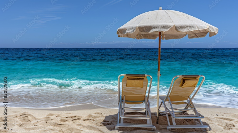 A serene and tranquil day at the beach with a clear sky, calm ocean, and an empty beach with a large beige umbrella and two lounge chairs under it, generated with AI