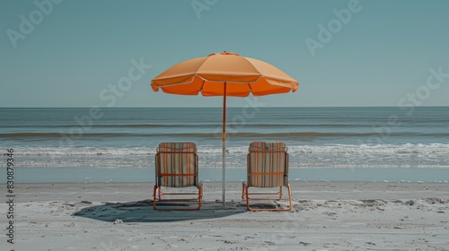 A serene and tranquil day at the beach with a clear sky  calm ocean  and an empty beach with a large beige umbrella and two lounge chairs under it  generated with AI