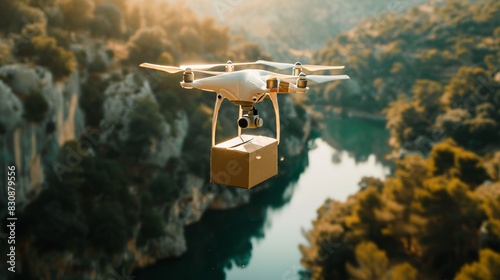 A drone is flying over a river with a box attached to it photo