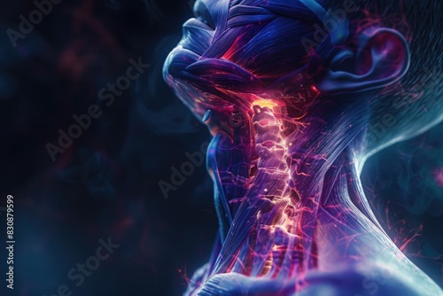Man with glowing neck experiencing neck pain, suitable for medical concepts photo