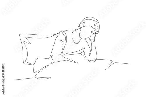 A man who has trouble sleeping. Struggling to sleep concept one-line drawing