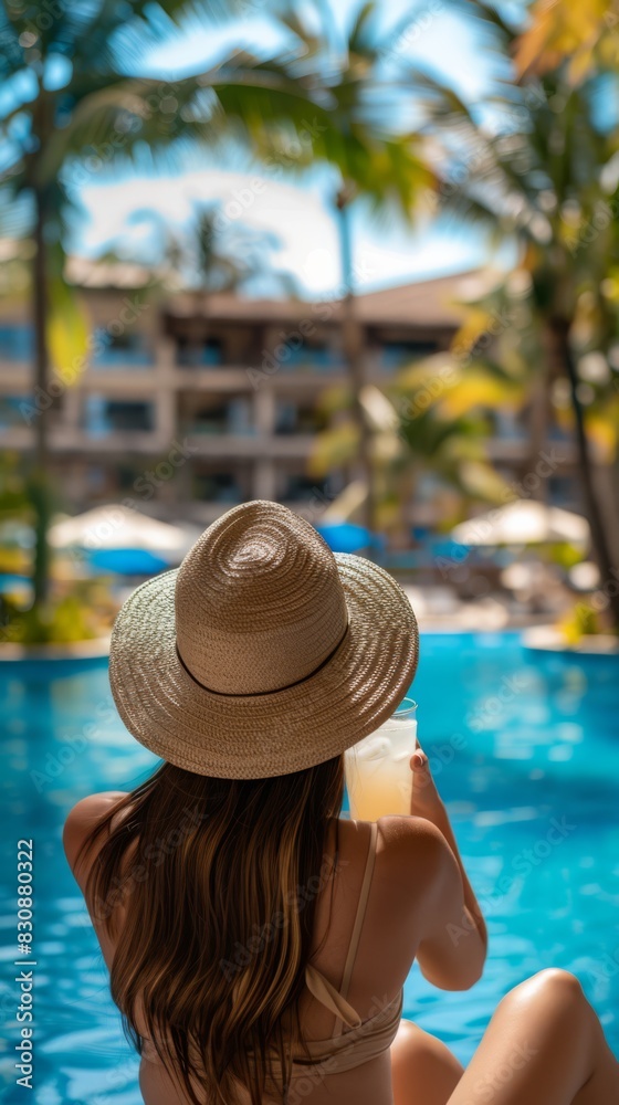 A woman in a straw hat drinks a cocktail by the pool during summer vacation. An outdoor swimming pool with blue water and palm trees in the background, generated with AI