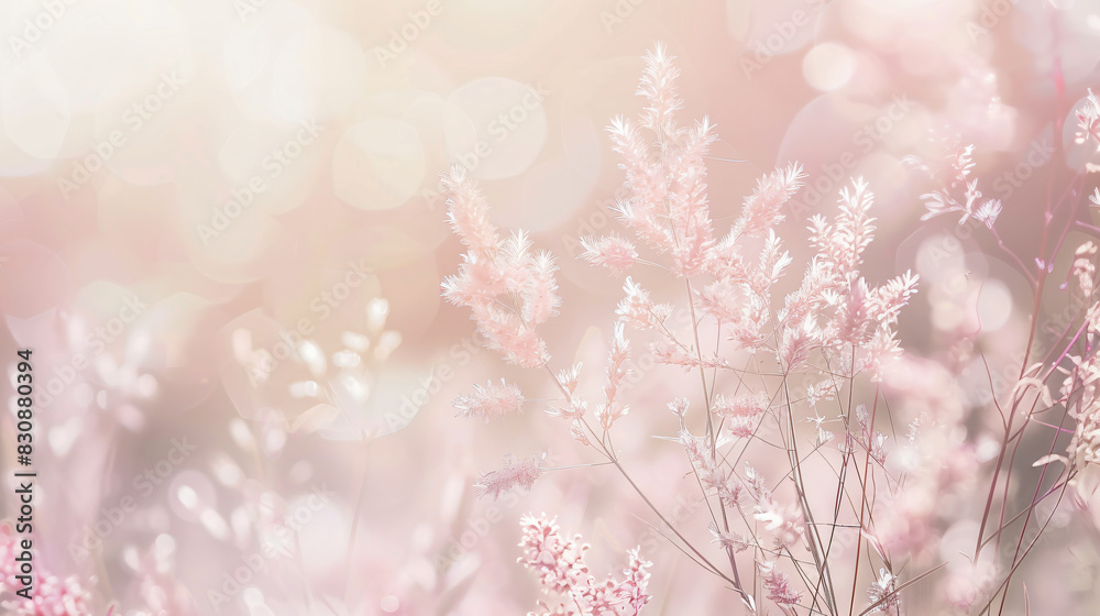 Blurred beige background with delicate grass flowers, soft focus, light pink and white color palette, grainy texture, pastel colors Blurred beige background with delicate grass flowers, soft focus, light pink and white color palette, grainy texture, pastel colors