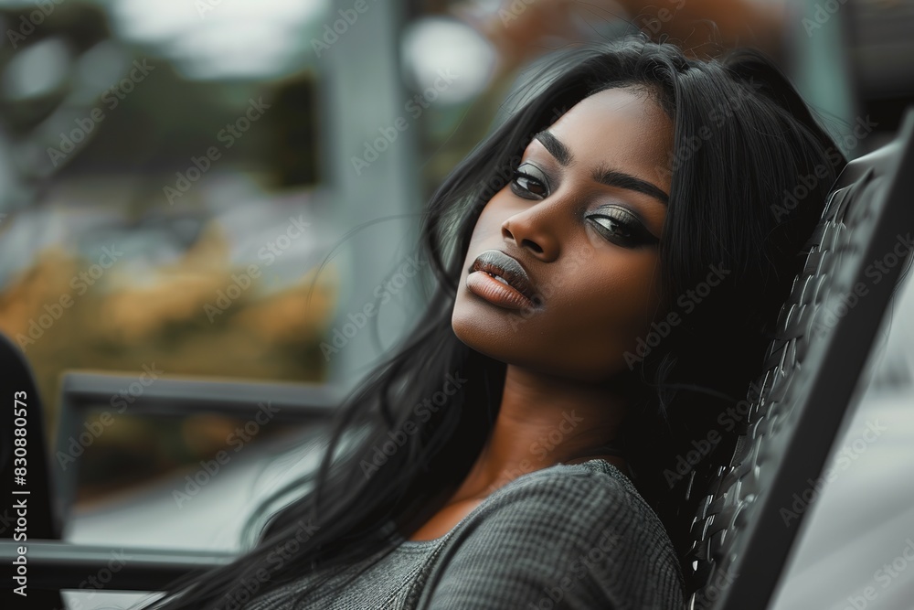 Fototapeta premium Close-up portrait of a serene African woman with striking makeup.