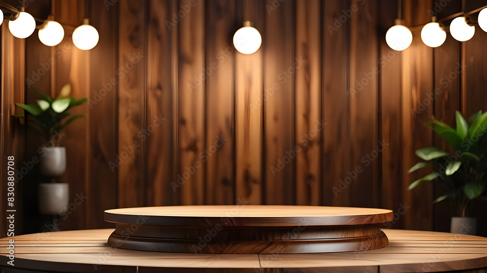 Podium background wooden wood platform product stand display pedestal 3D. Circle wooden podium background floor texture empty shelf beauty showcase green mockup, Generative AI