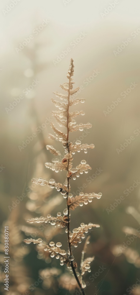 Fototapeta premium An closeup abstract photo of a fern in the early overcast morning, dew, muted color, low contrast, generated with AI