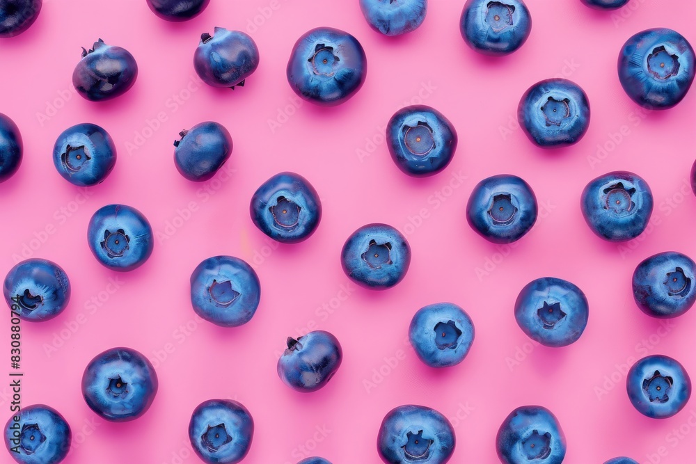 pattern of blueberries on pastel pink background, flat lay pattern of blueberries on pastel pink background, flat lay