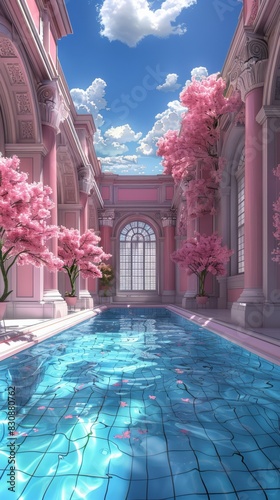 An image of a pool, in the style of unicorncore, celestialpunk, fairy academia, light indigo and pink, light academia, generated with AI © sch_ai
