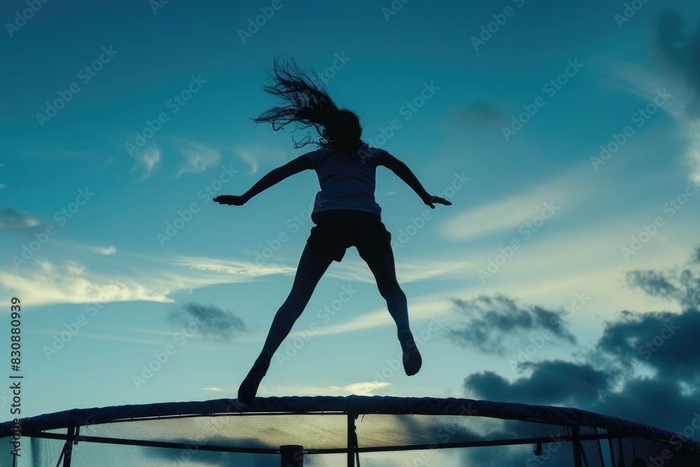 A woman jumping on a trampoline at sunset. Perfect for fitness and leisure concepts A woman jumping on a trampoline at sunset. Perfect for fitness and leisure concepts