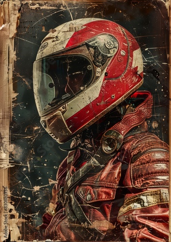 An old book with rally helmet rider, riding a motorbike, in the style of sci-fi art, generated with AI