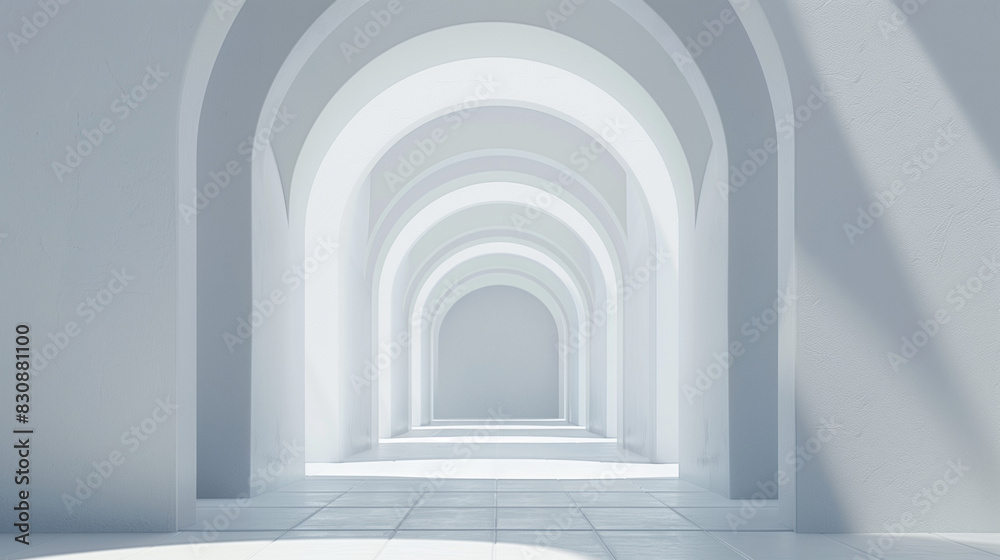  serene, spacious corridor with successive arches and soft lighting creating an ethereal ambiance.
