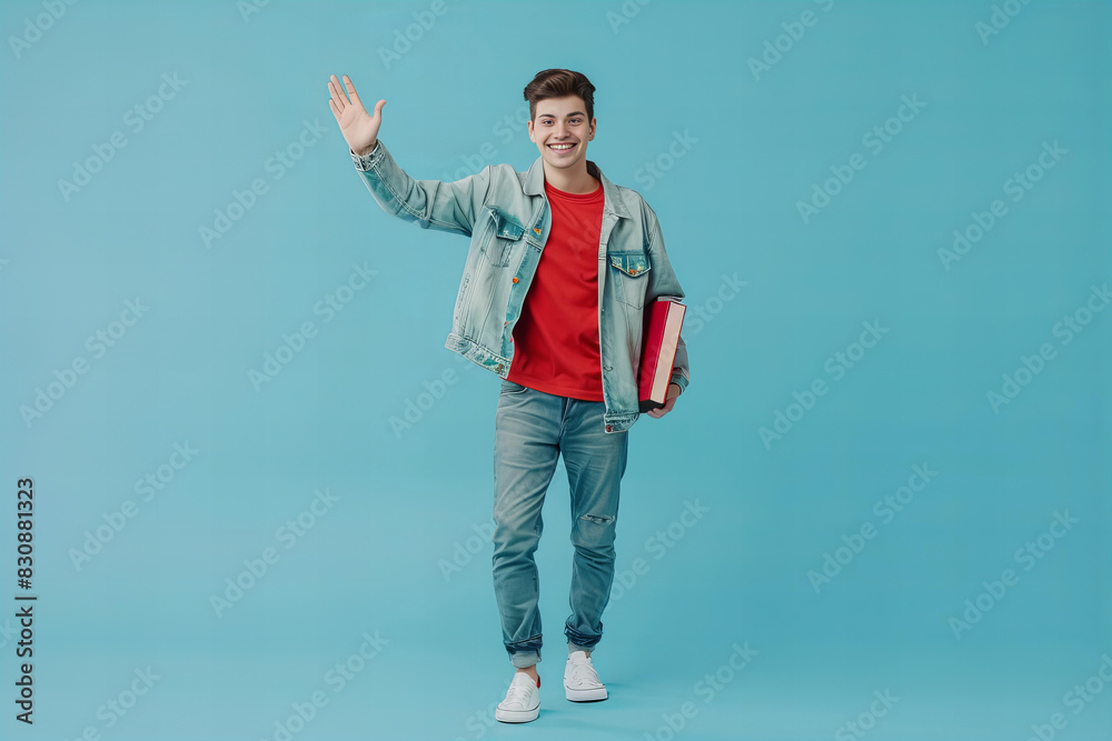 Full length portrait of happy school, college or university student with book on light blue background waving hand. Full length portrait of happy school, college or university student with book on light blue background waving hand.
