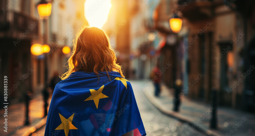 Young woman holding the European flag walking a street 