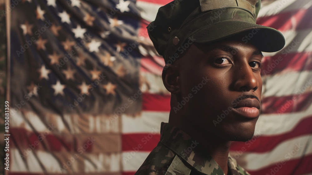 African African Military soldier in front of american flag, war veteran concept African African Military soldier in front of american flag, war veteran concept