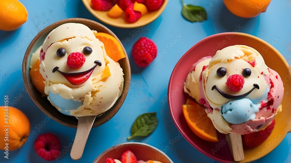 a deliciously cool summertime meal idea. Top view of ice cream fruit with colors of yellow, orange, and red, and a smile on a blue background.