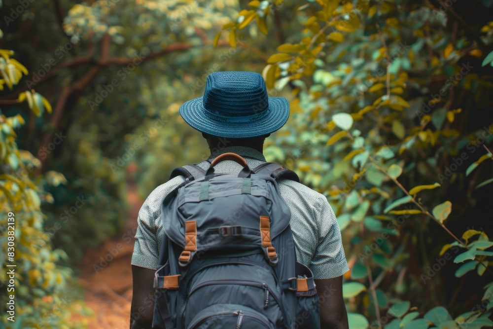 A man from behind wearing a fedora hat is on a hike in a lush green forest with a backpack A man from behind wearing a fedora hat is on a hike in a lush green forest with a backpack