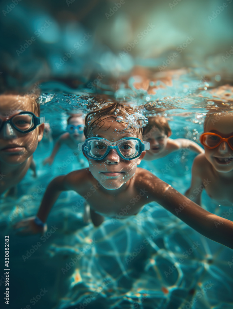Naklejka premium childs swims in the pool underwater