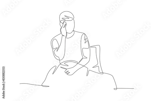 Man having trouble sleeping rubs head. Struggling to sleep concept one-line drawing