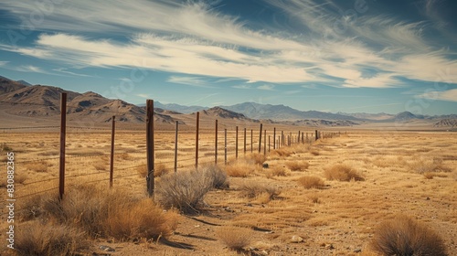 A fence line marks the edge of a dry, barren field photo