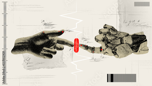 Human hand and robotic hand reaching red pill. Human capabilities and robotic innovations. Contemporary art collage. Concept of science, innovation, surrealism, modern technologies