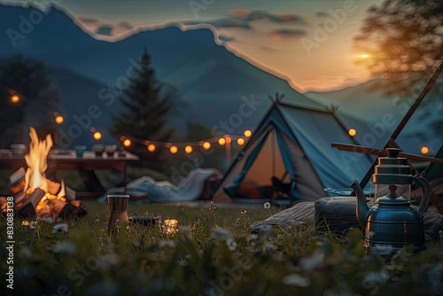Enchanting sunset over mountains with a campfire  tent  and a beautifully designed teapot