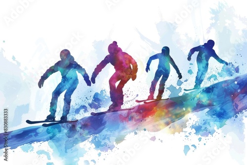 A group of people riding snowboards down a snow covered slope. Perfect for winter sports or adventure concepts