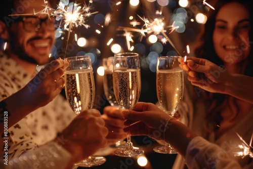 Group of friends celebrating with champagne flutes and sparklers at night