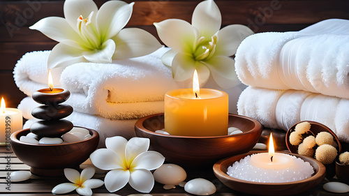 Spa background towel bathroom white luxury concept massage candle bath. Bathroom white wellness spa background towel relax aromatherapy flower accessory zen therapy aroma beauty, Generative AI
