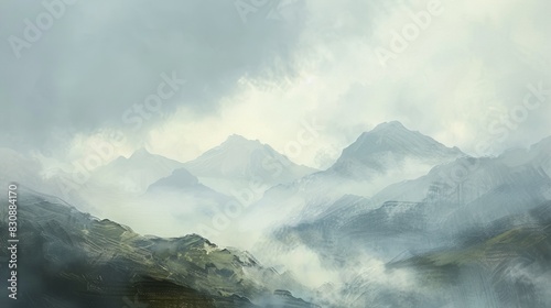 watercolur painting of misty mountains in the morning