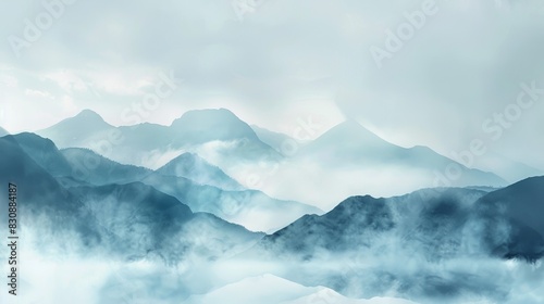 watercolur painting of misty mountains in the morning
