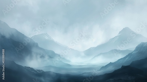 watercolur painting of misty mountains in the morning