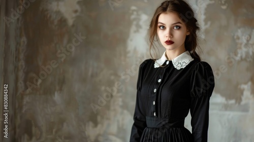 Gothic Style Trendy Young Girl Wearing Black Dress with White Collar for Halloween or Masquerade