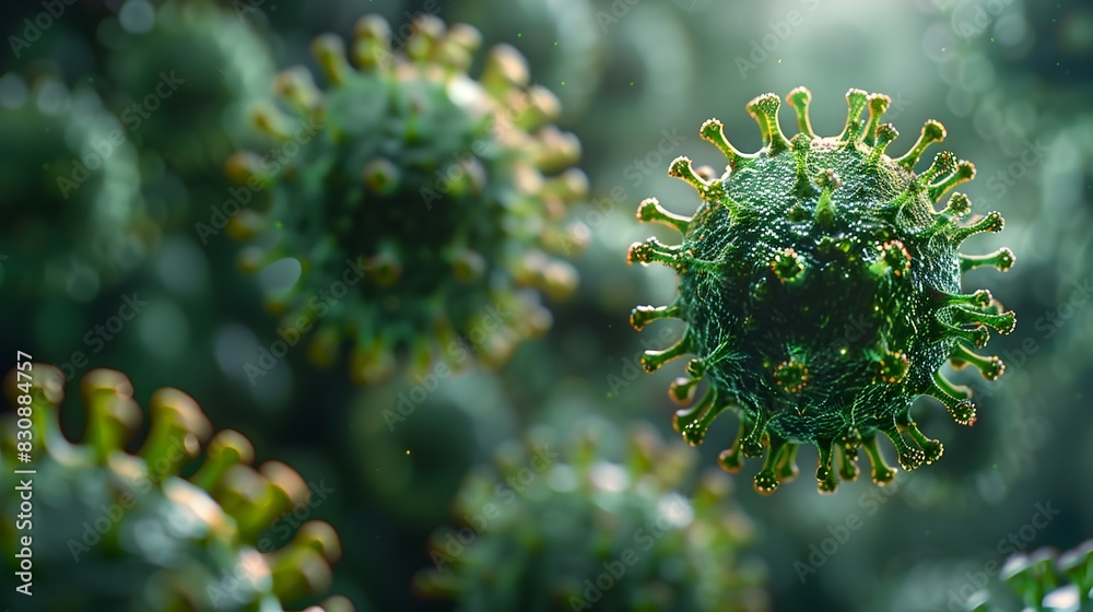 Closeup View of Microscopic Coronavirus COVID 19 Pathogenic Cell Structure in Green and Brown Tones Closeup View of Microscopic Coronavirus COVID 19 Pathogenic Cell Structure in Green and Brown Tones