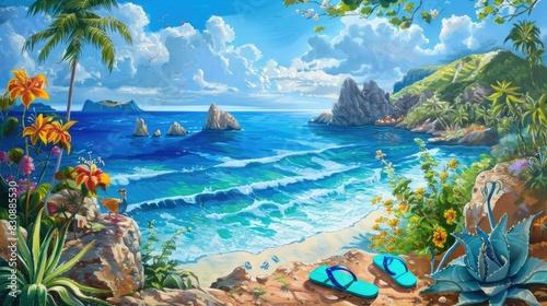 Scenic coastal view featuring azure ocean and flip flops