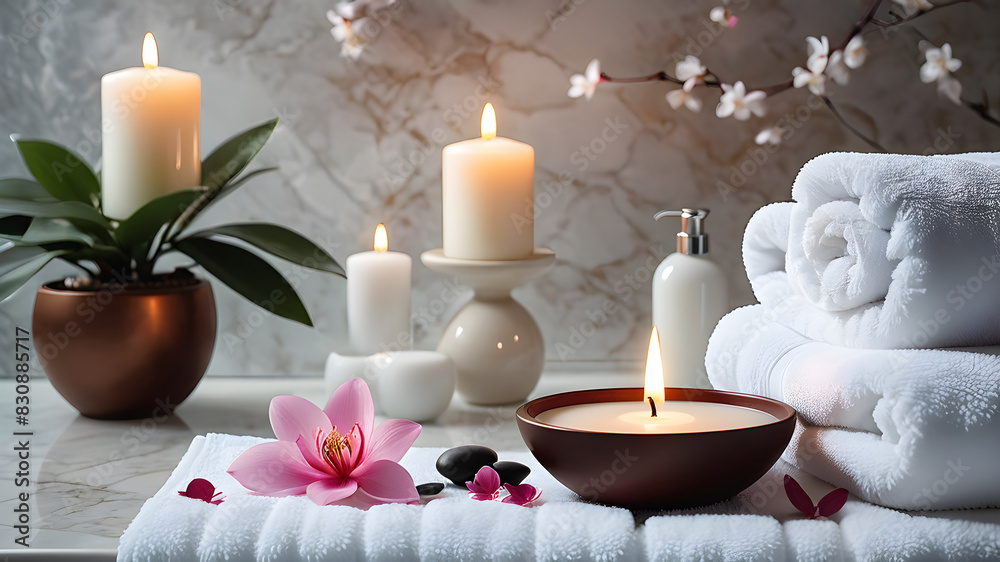 Spa background towel bathroom white luxury concept massage candle bath. Bathroom white wellness spa background towel relax aromatherapy flower accessory zen therapy aroma beauty, Generative AI